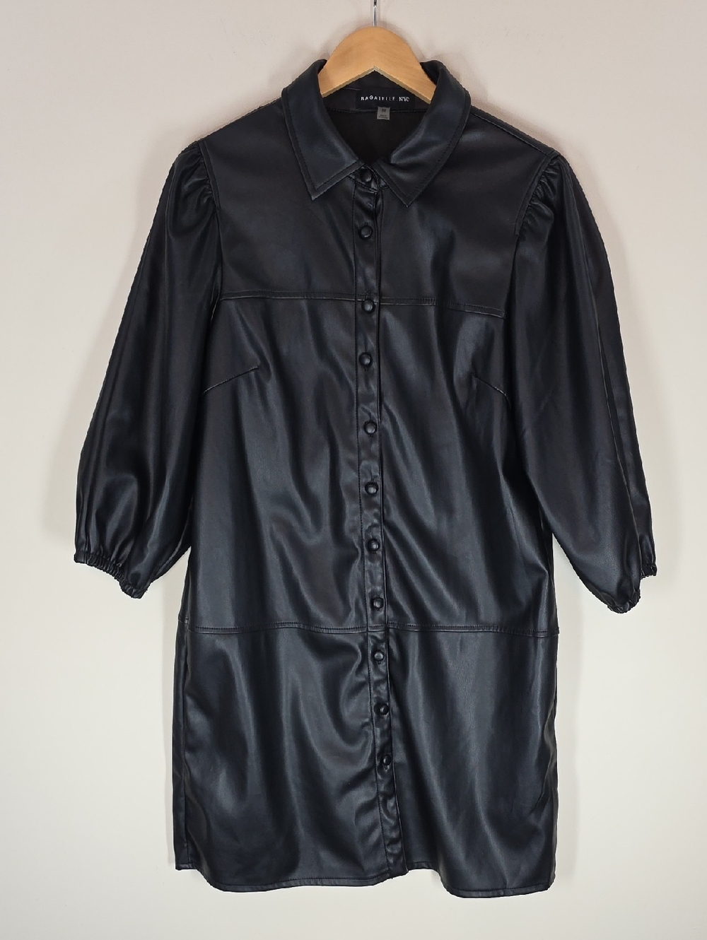 Bagatelle NYC Black Faux Leather Button-Front Shirt Dress Puff Sleeve Midi Sz M